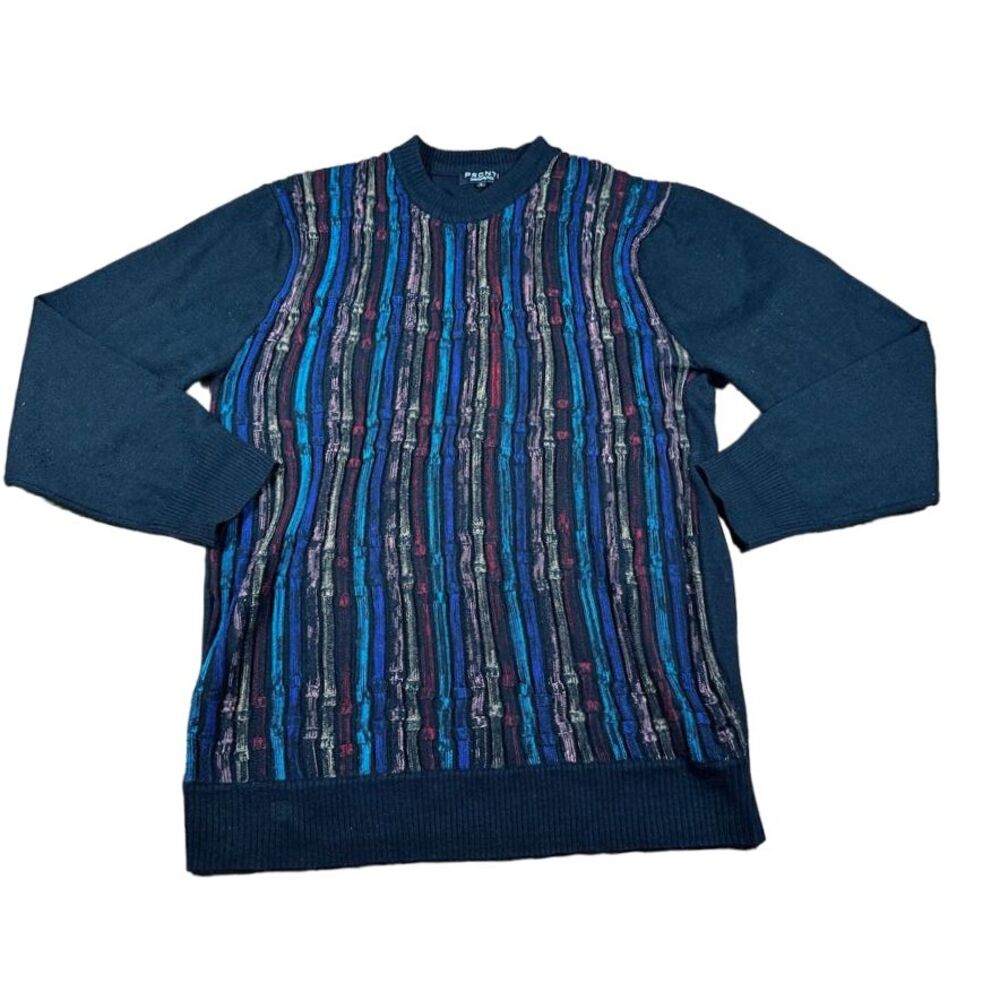 Pronti Men's Striped Knit Sweater Blue Multi-Color Long‎ Sleeve Crewneck L